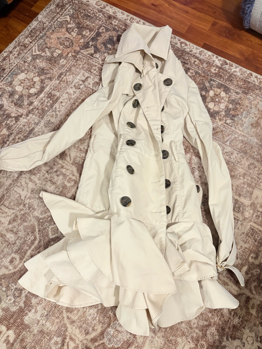 bebe Cream Ruffle-Hem Double-Breasted Trench Coat